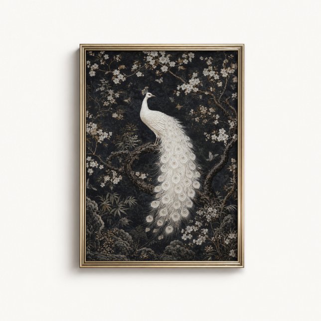 Vita påfågelblommor Chinoiserie Poster (White Peacock Wall Art Poster - close-up view (frame/decor not included))