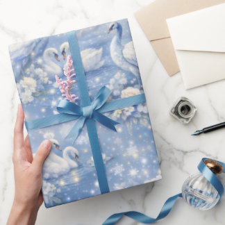 Vita påfåglar och svanar Fantasy Luxe Blå Presentpapper