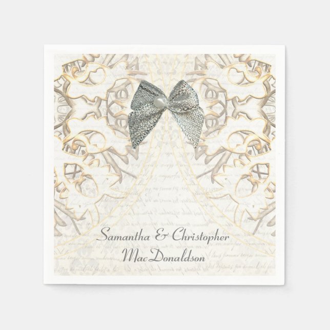 Vita parchet snöre gamla dammvigselbröllop pappersservett (Framsidan)