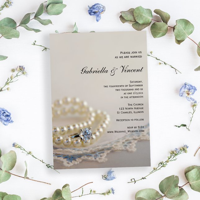 Vita pärlor, Diamond Ring och Blå Snöre Bröllop Inbjudningar (Set an elegant tone for your marriage with the Pearls, Diamond Ring and Blue Lace Wedding Invitation)