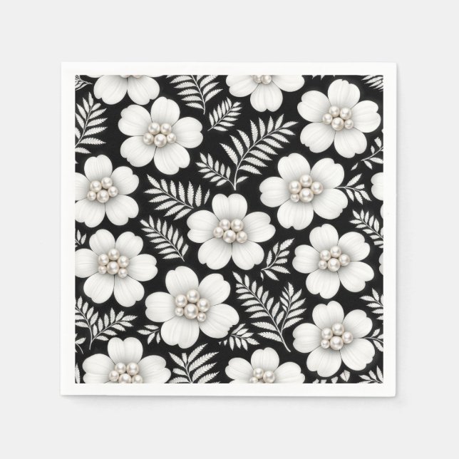Vita pärlor i blomster mönster pappersservett (Framsidan)