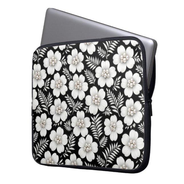 Vita pärlor i blomsterform laptop fodral (Framsidan Vänster)