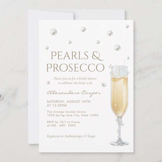 Vita pärlor och Prosecco bröllopsdusch Inbjudningar (Framsida)