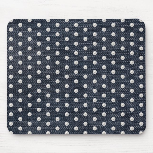 vita pärlor på blå denim musmatta (Framsidan)