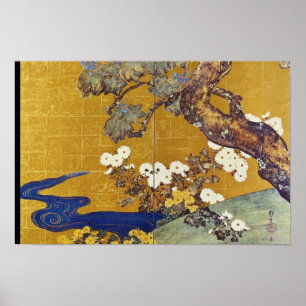 vita Paulownias och Chrysanthemums, Sakai Hoitsu Poster