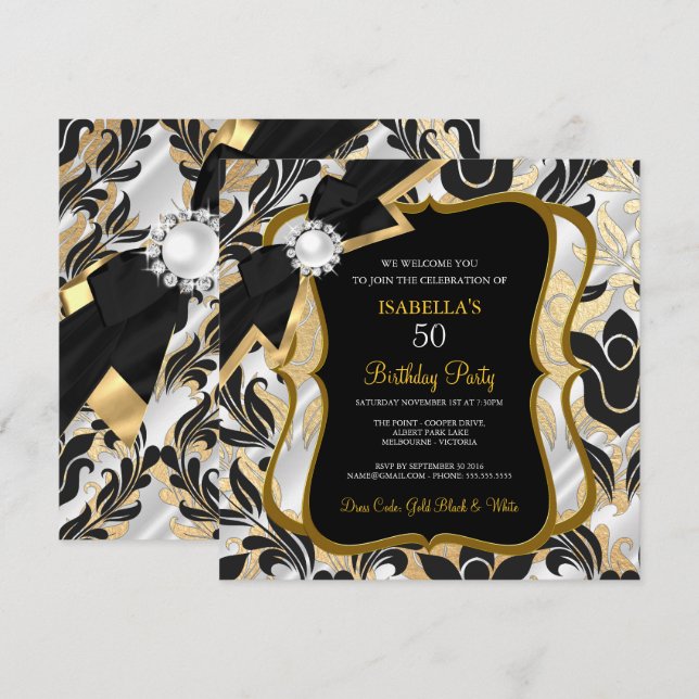 Vita Pearl Guld Bow Black Damask Birthday Inbjudan (Fram/baksida)
