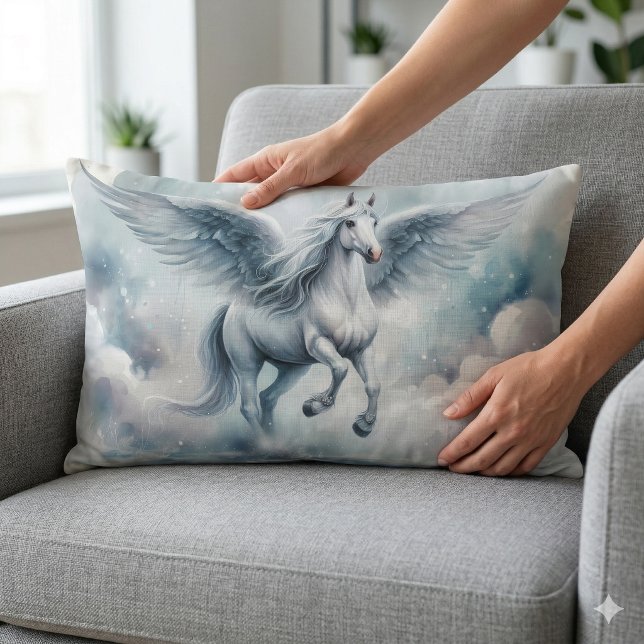 Vita Pegasus Vingar Mjuk Blå Himmel Drömlandskap Lumbarkudde (White Pegasus Wings Soft Blue Sky Dreamscape Lumbar Pillow On Chair)