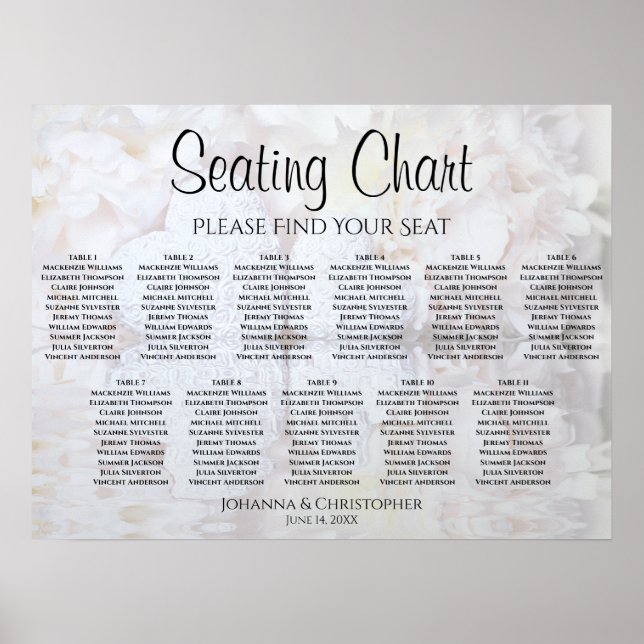 Vita Peonies 11 Bord Bröllop-sittplatsplan Poster (Framsidan)