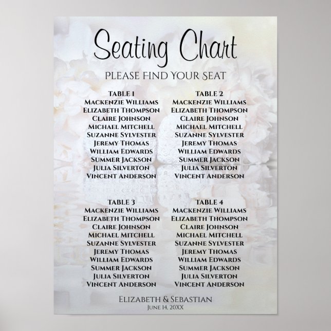 Vita Peonies Hearts 4 sittdiagram Bord Bröllop Poster (Framsidan)