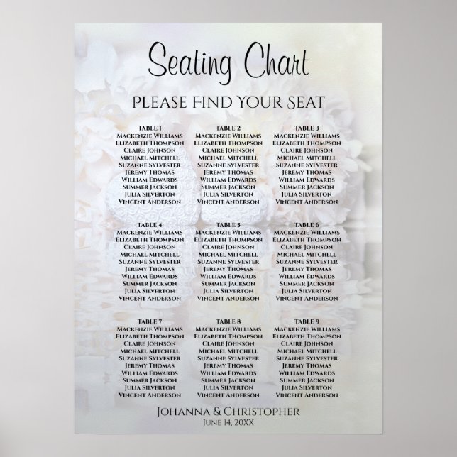 Vita Peony Blommor 9 Bord Bröllop Bordplacering Poster (Framsidan)