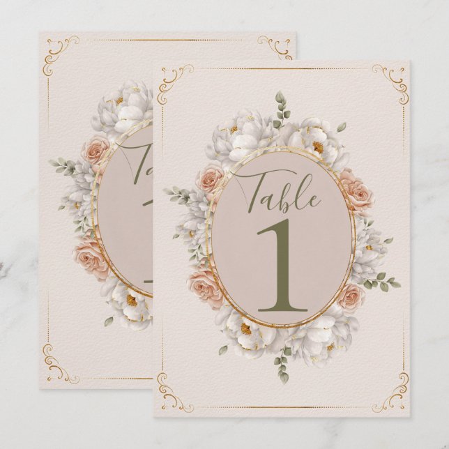 Vita Peony & Blush Ros Blommiga Bordskort (Fram/baksida)