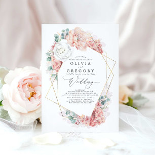 Vita persikor och Dusty Ro Blommigt Bröllop Inbjudningar