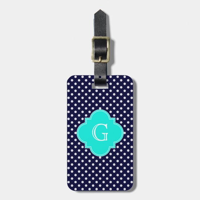 Vita Polka Dot Aqua Quatrefoil Monogram Bagagebricka (Vertikal Framsida)