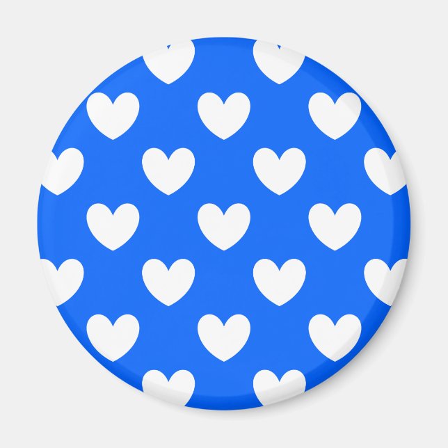 Vita polka-hjärtan på blått magnet (Framsidan)