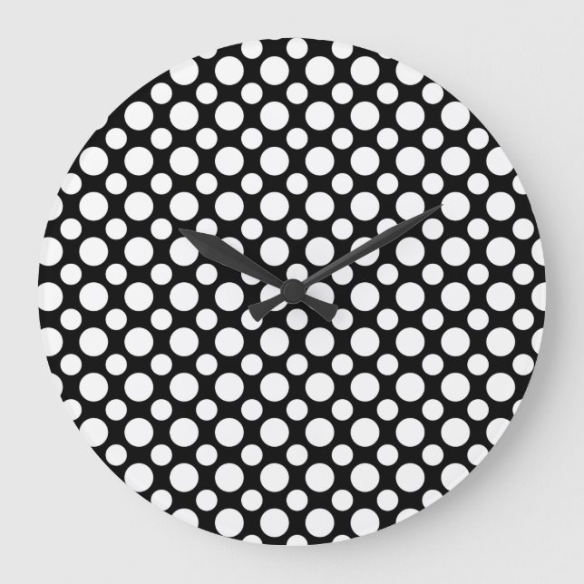 Vita polka-punkter på Black Wall Clock Stor Klocka (Framsida)