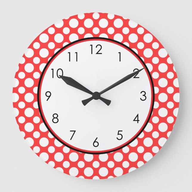 Vita polka-punkter på rött med sifferklocka stor klocka (Framsida)