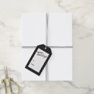 Vita polkadoter med enkel Chic på svart Presentetikett