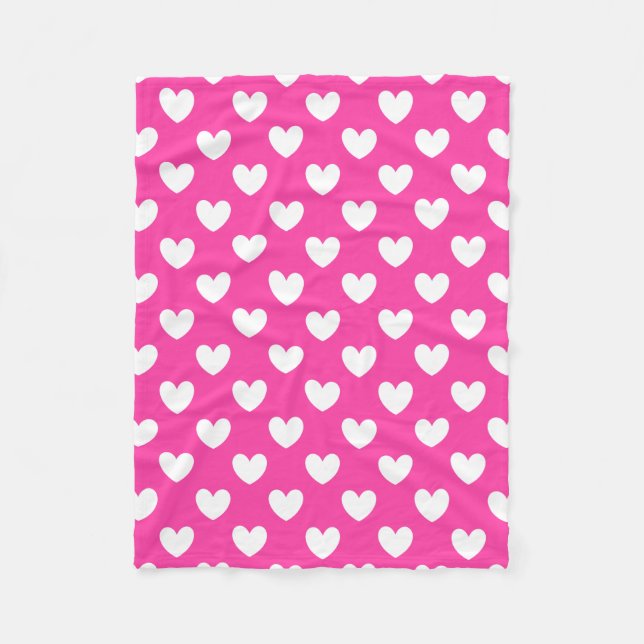 Vita polkahjärtan på fuchsisk rosa fleecefilt (Framsidan)