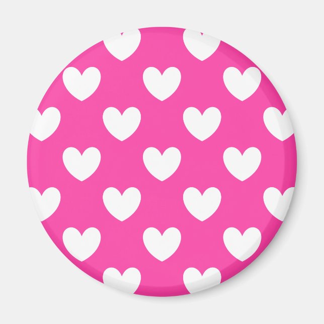 Vita polkahjärtan på fuchsisk rosa magnet (Framsidan)