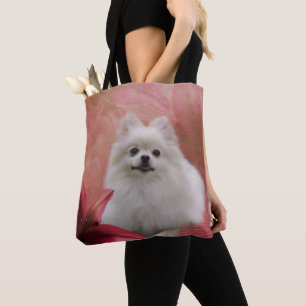 Vita Pommern Hund Flowers Animal Tygkasse