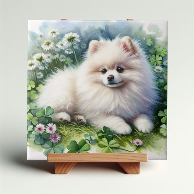Vita Pommern Hund Watercolor Klöver Fält Kakelplatta (Skapare uppladdad)