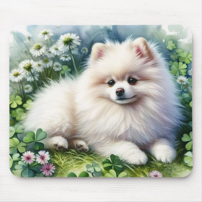Vita Pommern Hund Watercolor Klöver Fält Musmatta (Framsidan)