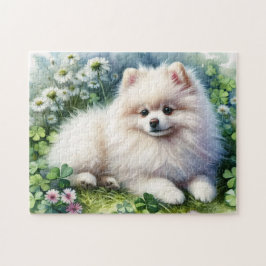 Vita Pommern Hund Watercolor Klöver Fält Pussel