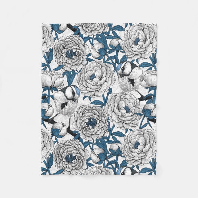 Vita ponnyer och blåa tutfåglar fleecefilt (Framsidan)