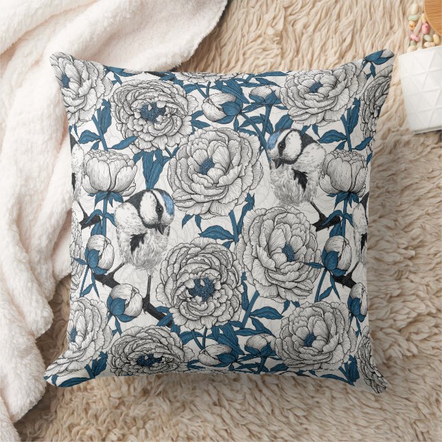 Vita ponnyer och blåa tutfåglar kudde (Filt)