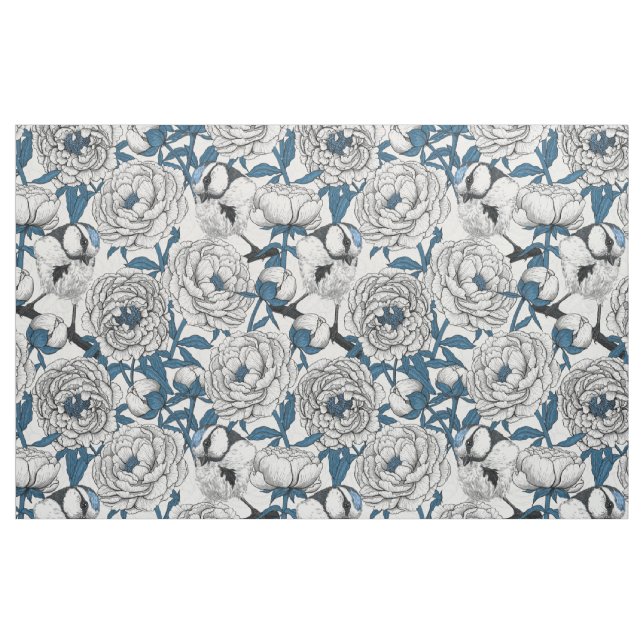 Vita ponnyer och blåa tutfåglar tyg (Fat Quarter)