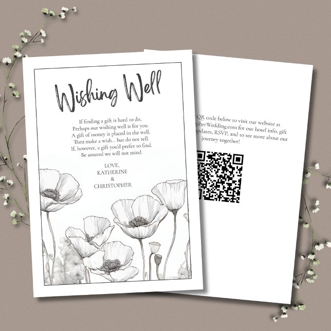 Vita poppies Blommigt Elegant bröllop Wishing-brun Tilläggskort (White Poppies Elegant Wishing Well Wedding Enclosure, coordinates with Peach Poppies Wedding Suite.)