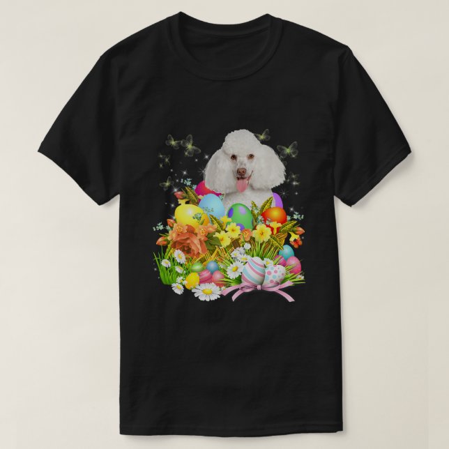 Vita Pudel-Hund med Påskägg Basket Coo T Shirt (Design framsida)