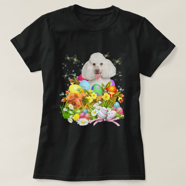 Vita Pudel-Hund med Påskägg Basket Coo T Shirt (Design framsida)