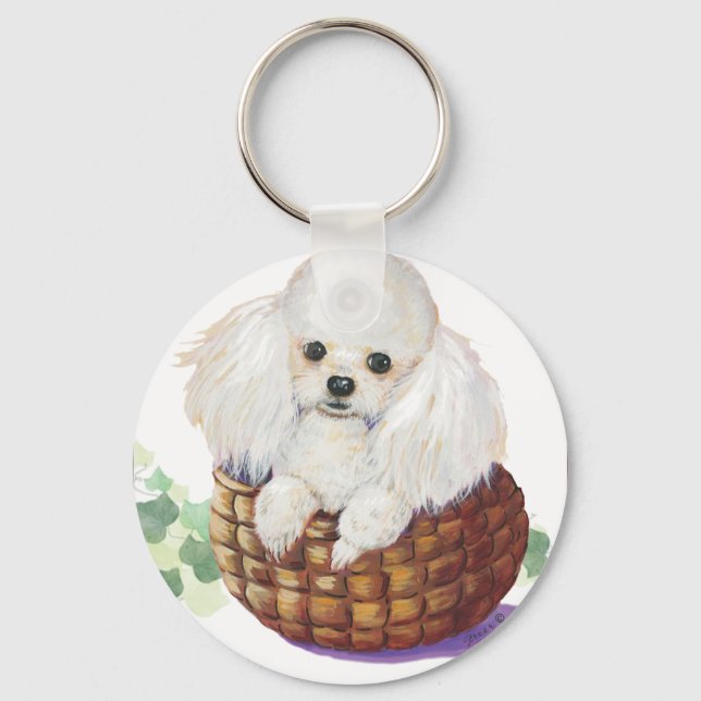 Vita Pudel i Basket Art Print Keychain Nyckelring (Framsida)