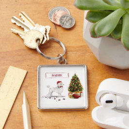 Vita Pudel-julen Hund med Träd Fyrkantig Silverfärgad Nyckelring