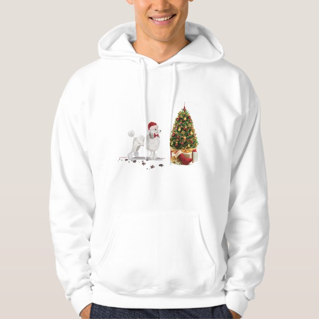 Vita Pudel-julen Hund med Träd Hoodie (Framsida)