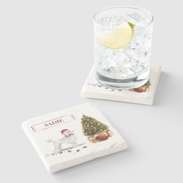 Vita Pudel-julen Hund med Träd Stenunderlägg (Sidan)