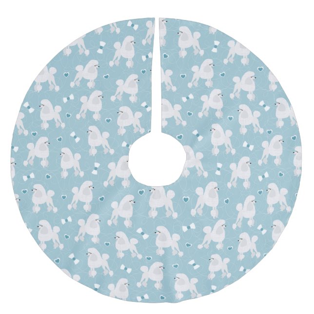 Vita Pudel och Bows Mönster Blue Julgransmatta Borstad Polyester (Framsidan)