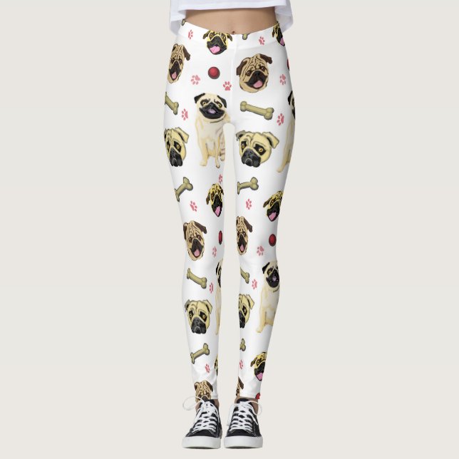 Vita Pug Tryck Leggings (Framsida)
