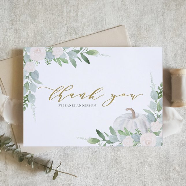 Vita pumpa och Greenery Autumn Baby Shower Tack Kort (Skapare uppladdad)