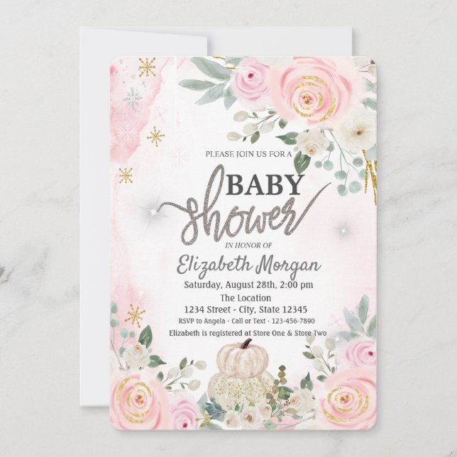 Vita pumpafester, blommor Baby Shower Inbjudan (Framsida)