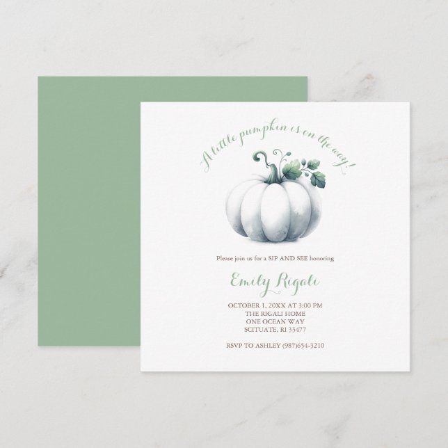 Vita Pumpkin Baby Shower Inbjudan Gender Neutral (Fram/baksida)