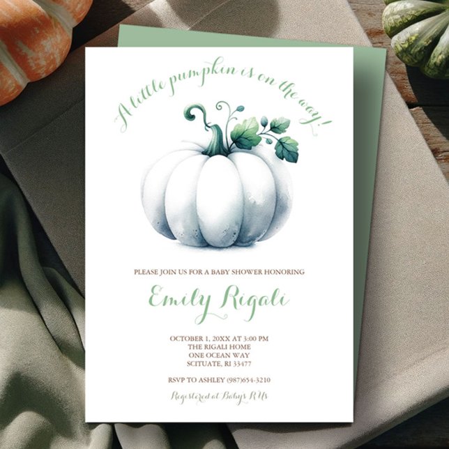 Vita Pumpkin Baby Shower Inbjudan Gender Neutral (fall gender neutral baby shower invitations features watercolor white pumpkin and sage green.)