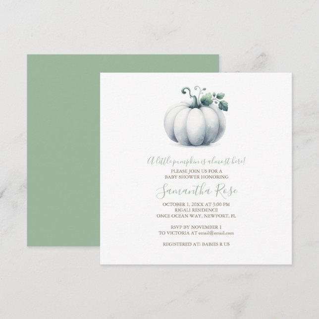 Vita Pumpkin Baby Shower Inbjudan - Square (Fram/baksida)
