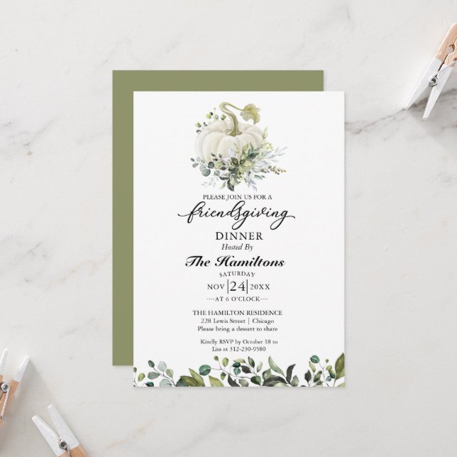 Vita Pumpkin Friendsgiving-inbjudan till middag (Fram/Back In Situ)