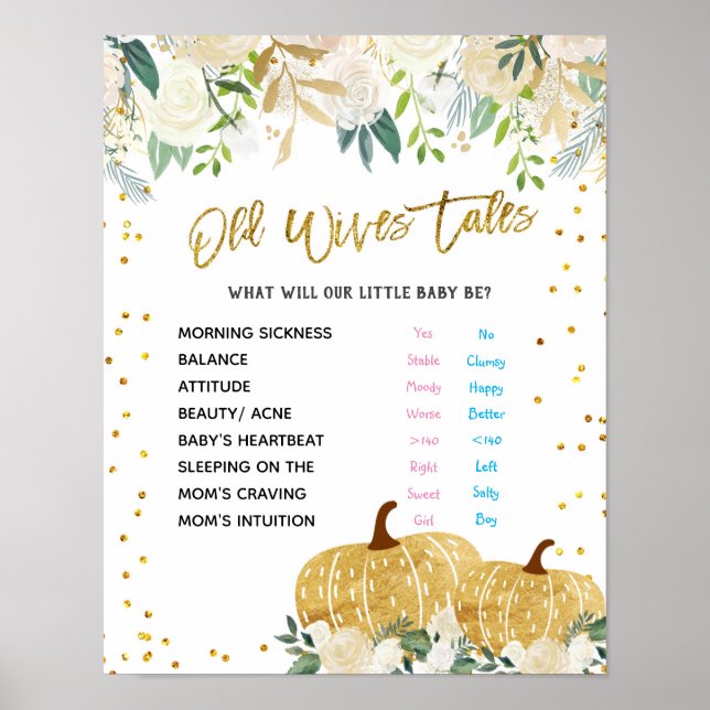 Vita Pumpkin Gamla Wives Tales Gender Reveal Poste Poster (Framsidan)