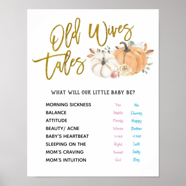 Vita Pumpkin Gamla Wives Tales Gender Reveal Poste Poster (Framsidan)