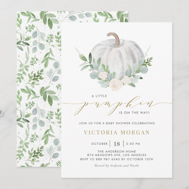 Vita Pumpkin- och Greenery Fall Baby Shower Inbjudningar (Fram/baksida)