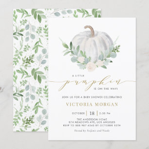Vita Pumpkin- och Greenery Fall Baby Shower Inbjudningar