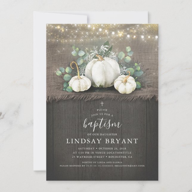 Vita Pumpkins Rustic Land Fall Baptism Inbjudningar (Framsida)